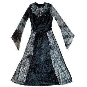 Halloween Dress M/L Black Velvet Tie Dye Gray Lace Victorian Vampire Witch Fairy